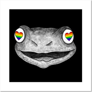 Black and White Rainbow Heart Eyed Frog Face Posters and Art